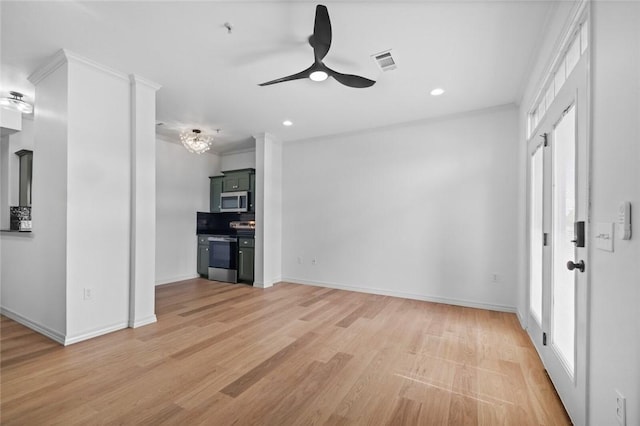 1115 N Leverett Ave Unit 102, Fayetteville, AR 72703 - unfurnished living room with ceiling fan, light wood finished floors, recessed lighting, baseboards, and ornamental molding