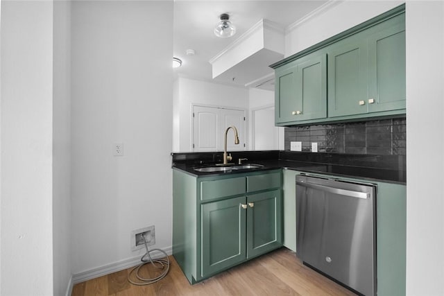 1115 N Leverett Ave Unit 102, Fayetteville, AR 72703 - kitchen with green cabinetry, dishwasher, a sink, dark countertops, and crown molding