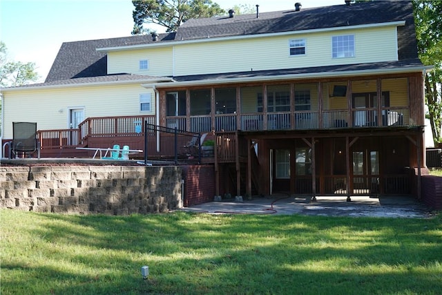 2655 S Elmira Ave, Russellville, AR 72802 - rear view of property featuring a patio area, a lawn, stairs, a sunroom, and a deck