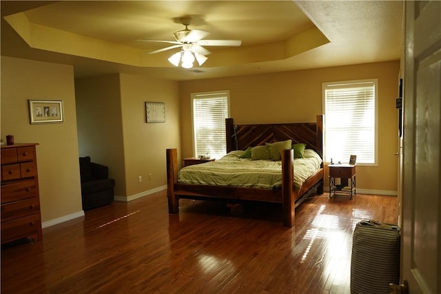 2655 S Elmira Ave, Russellville, AR 72802 - bedroom with a tray ceiling, baseboards, wood finished floors, and ceiling fan