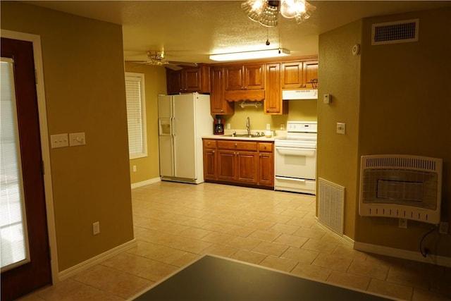 2655 S Elmira Ave, Russellville, AR 72802 - kitchen featuring white appliances, heating unit, exhaust hood, a ceiling fan, and a sink