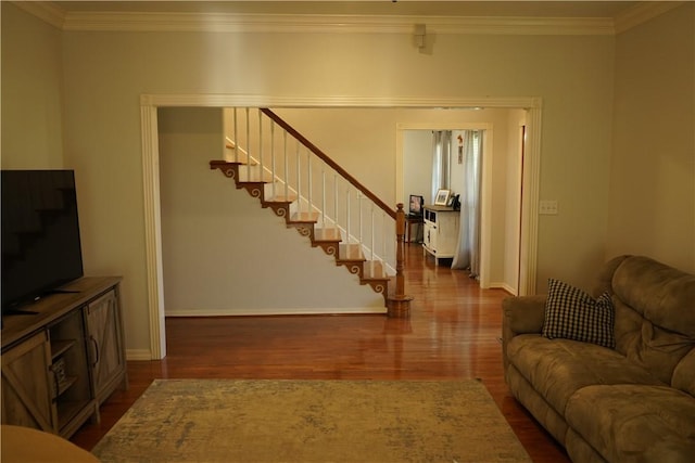2655 S Elmira Ave, Russellville, AR 72802 - living area featuring wood finished floors, crown molding, baseboards, and stairway