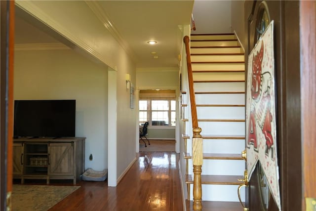 2655 S Elmira Ave, Russellville, AR 72802 - hall featuring hardwood / wood-style floors, stairs, ornamental molding, and baseboards