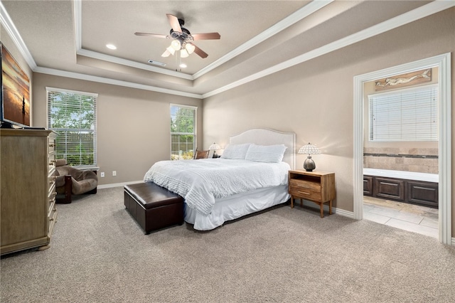 1651 Quail Ridge Way, Bentonville, AR 72713 - bedroom featuring a raised ceiling, crown molding, light colored carpet, baseboards, and connected bathroom