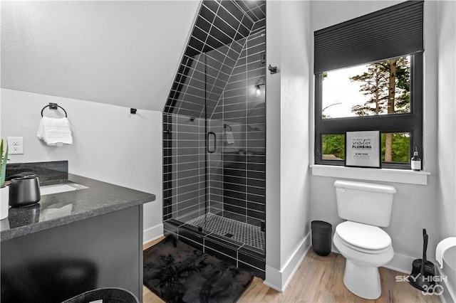 8775 Falls Hollow Rd, Rogers, AR 72756 - full bathroom featuring a stall shower, baseboards, toilet, wood finished floors, and vanity