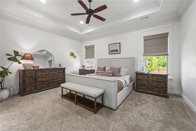 13 Dawn Hills Dr, Bentonville, AR 72712 - carpeted bedroom with a raised ceiling, recessed lighting, crown molding, baseboards, and ceiling fan