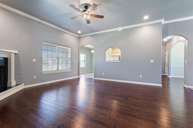 11029 Coleman Ct, Farmington, AR 72730 - unfurnished living room featuring arched walkways, ceiling fan, crown molding, hardwood / wood-style flooring, and recessed lighting