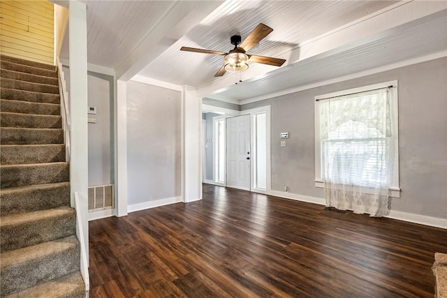 19574 Sonora Rd, Springdale, AR 72764 - entrance foyer with ceiling fan, wood finished floors, stairs, baseboards, and ornamental molding