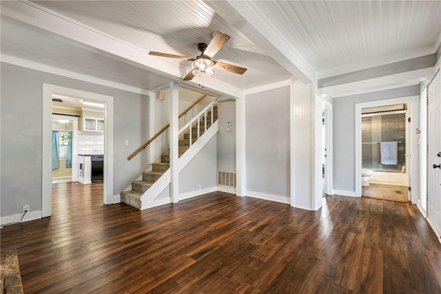 19574 Sonora Rd, Springdale, AR 72764 - unfurnished living room featuring stairs, a ceiling fan, wood finished floors, baseboards, and ornamental molding