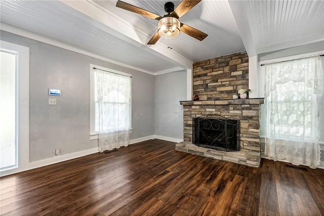 19574 Sonora Rd, Springdale, AR 72764 - unfurnished living room with a stone fireplace, ceiling fan, wood finished floors, and baseboards