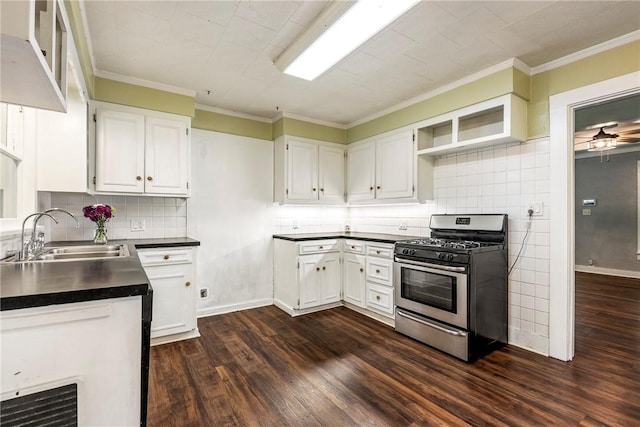 19574 Sonora Rd, Springdale, AR 72764 - kitchen featuring gas range, a sink, dark countertops, dark wood-type flooring, and white cabinetry