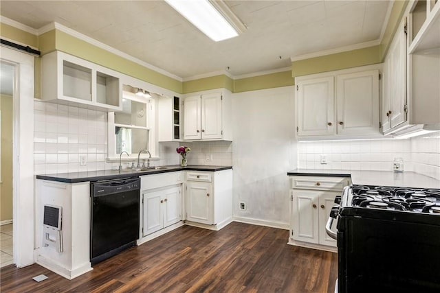 19574 Sonora Rd, Springdale, AR 72764 - kitchen with black appliances, open shelves, dark wood-style flooring, a sink, and white cabinetry