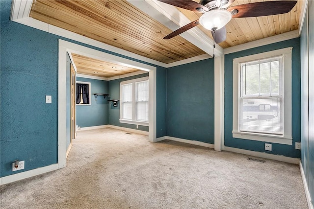 19574 Sonora Rd, Springdale, AR 72764 - carpeted empty room with wooden ceiling, ornamental molding, baseboards, and a ceiling fan