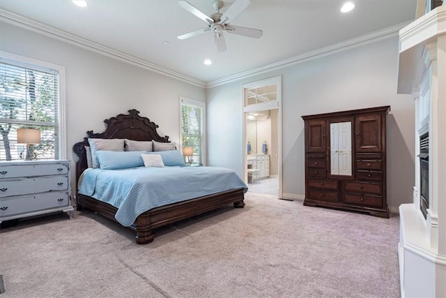 1325 Avery Pl, Siloam Springs, AR 72761 - carpeted bedroom featuring multiple windows, recessed lighting, ornamental molding, ensuite bathroom, and ceiling fan