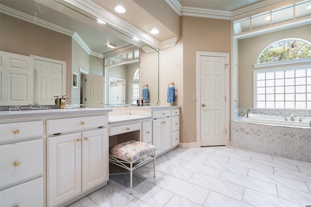 1325 Avery Pl, Siloam Springs, AR 72761 - bathroom featuring ornamental molding, vanity, a bath, marble finish flooring, and baseboards
