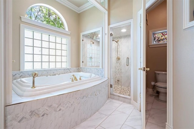 1325 Avery Pl, Siloam Springs, AR 72761 - full bathroom featuring toilet, a bath, a stall shower, ornamental molding, and marble look tile flooring