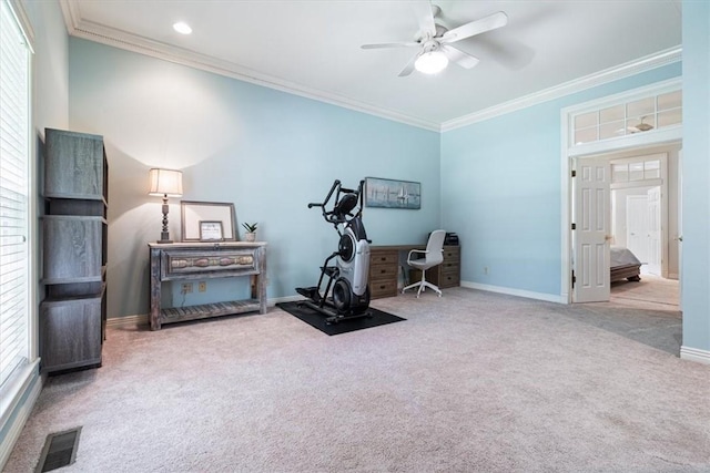 1325 Avery Pl, Siloam Springs, AR 72761 - exercise room with carpet flooring, ceiling fan, crown molding, and baseboards