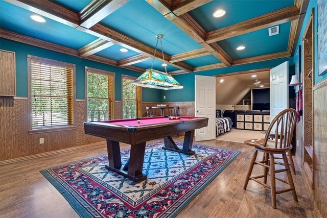 1325 Avery Pl, Siloam Springs, AR 72761 - playroom featuring a wainscoted wall, coffered ceiling, beam ceiling, billiards table, and wood finished floors