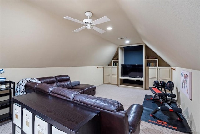 1325 Avery Pl, Siloam Springs, AR 72761 - living room featuring vaulted ceiling, light colored carpet, a ceiling fan, and baseboards