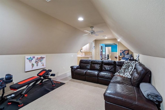 1325 Avery Pl, Siloam Springs, AR 72761 - exercise room featuring vaulted ceiling, carpet, baseboards, and ceiling fan
