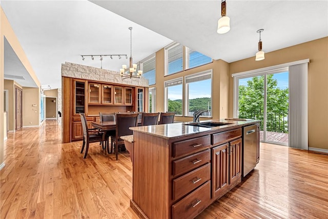 289 County Road 1521, Eureka Springs, AR 72632 - kitchen with dishwasher, rail lighting, light wood finished floors, a sink, and a chandelier