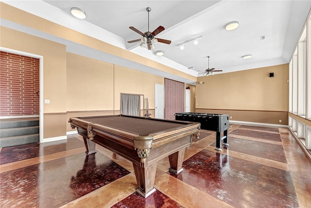 289 County Road 1521, Eureka Springs, AR 72632 - rec room with a ceiling fan, baseboards, rail lighting, billiards, and inlaid floor details