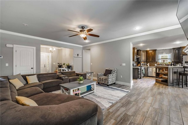 960 Glass St, Cave Springs, AR 72718 - living room featuring a ceiling fan, light wood-style floors, baseboards, recessed lighting, and ornamental molding