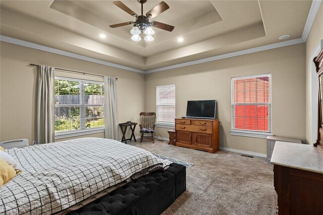 8 Allonby Cir, Bella Vista, AR 72714 - bedroom with a tray ceiling, light colored carpet, baseboards, crown molding, and recessed lighting