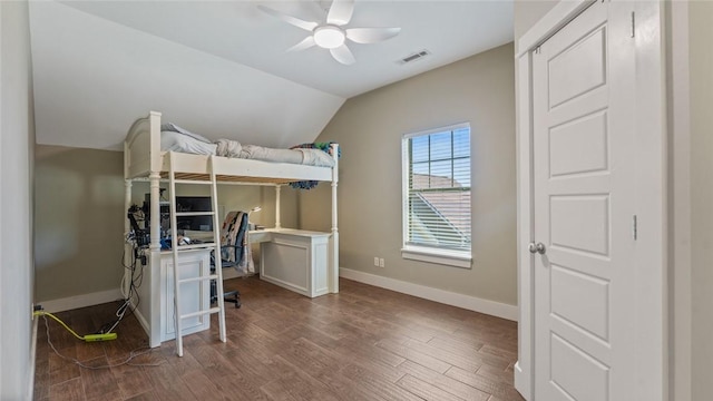 1806 Best Friend Ln, Fayetteville, AR 72704 - bedroom with vaulted ceiling, wood finished floors, baseboards, an office area, and ceiling fan