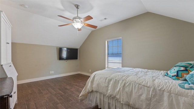 1806 Best Friend Ln, Fayetteville, AR 72704 - bedroom featuring lofted ceiling, dark wood finished floors, baseboards, and ceiling fan