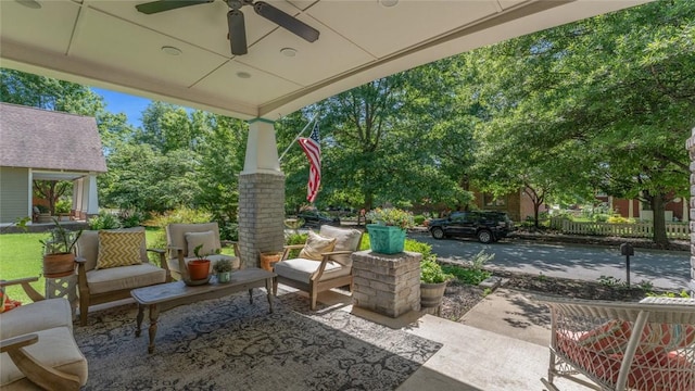 1806 Best Friend Ln, Fayetteville, AR 72704 - view of patio / terrace with ceiling fan, outdoor lounge area, and an outbuilding