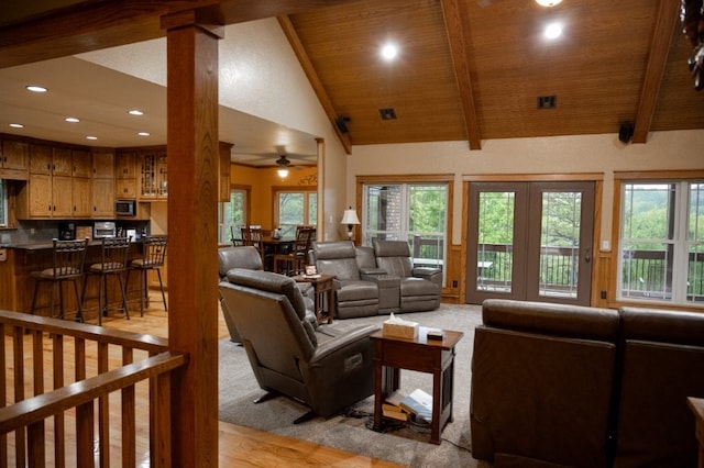 8295 Ridgecrest Ln, Rogers, AR 72756 - living room with recessed lighting, ceiling fan, healthy amount of natural light, light wood-style flooring, and wooden ceiling