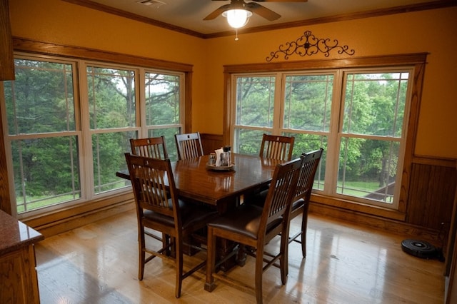 8295 Ridgecrest Ln, Rogers, AR 72756 - dining space with ornamental molding, a ceiling fan, light wood-type flooring, healthy amount of natural light, and wainscoting