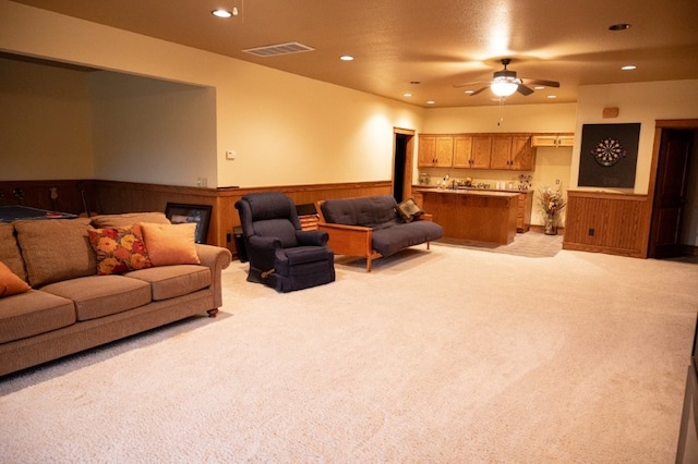 8295 Ridgecrest Ln, Rogers, AR 72756 - living room with light carpet, a wainscoted wall, recessed lighting, and a ceiling fan
