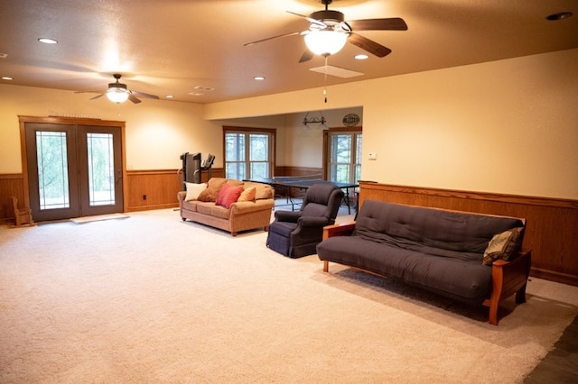 8295 Ridgecrest Ln, Rogers, AR 72756 - living area with wainscoting, ceiling fan, wooden walls, recessed lighting, and carpet