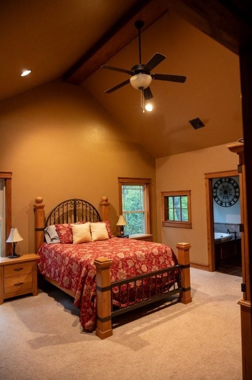 8295 Ridgecrest Ln, Rogers, AR 72756 - bedroom with carpet floors, beam ceiling, high vaulted ceiling, recessed lighting, and a ceiling fan
