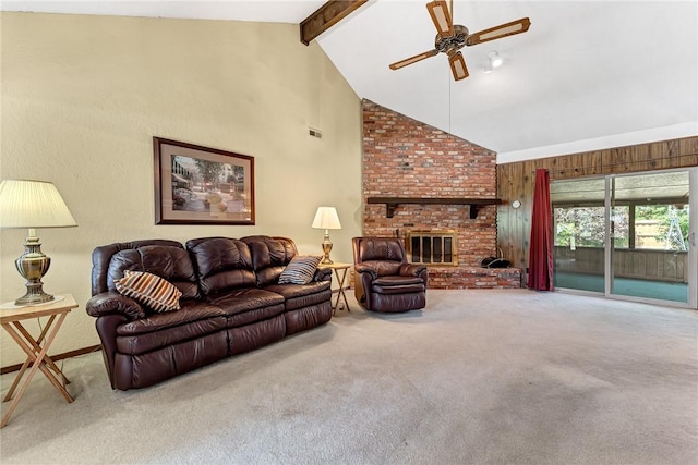 2001 W Magnolia St, Rogers, AR 72758 - living area featuring carpet floors, ceiling fan, beam ceiling, a brick fireplace, and high vaulted ceiling