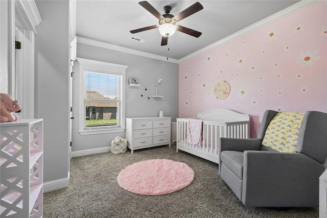 6401 S 47th St, Rogers, AR 72758 - bedroom with crown molding, carpet flooring, a nursery area, baseboards, and ceiling fan