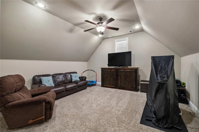 6401 S 47th St, Rogers, AR 72758 - living area featuring carpet flooring, vaulted ceiling, baseboards, a ceiling fan, and recessed lighting