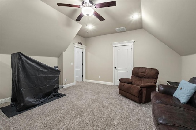 6401 S 47th St, Rogers, AR 72758 - living area with vaulted ceiling, carpet flooring, ceiling fan, and baseboards
