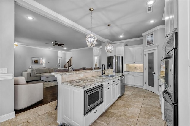 6401 S 47th St, Rogers, AR 72758 - kitchen with appliances with stainless steel finishes, a sink, white cabinetry, a kitchen breakfast bar, and ornamental molding