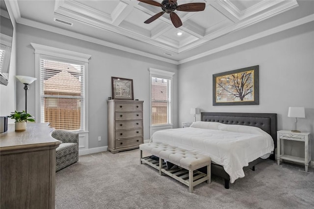6401 S 47th St, Rogers, AR 72758 - bedroom with light colored carpet, beamed ceiling, crown molding, coffered ceiling, and baseboards