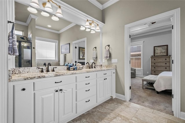 6401 S 47th St, Rogers, AR 72758 - ensuite bathroom with double vanity, crown molding, baseboards, and a shower