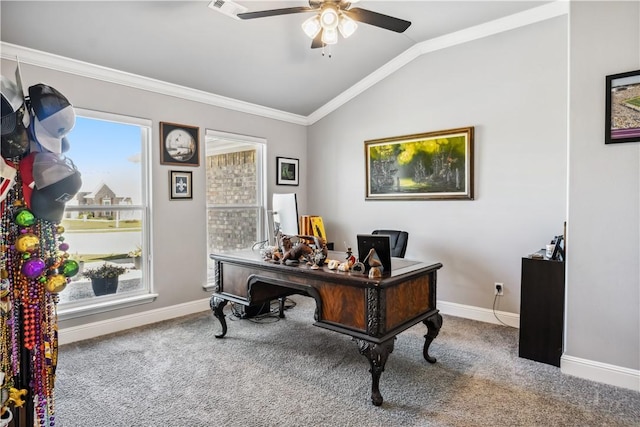 2300 Cameo Ln, Bentonville, AR 72712 - office with carpet, ceiling fan, vaulted ceiling, baseboards, and ornamental molding