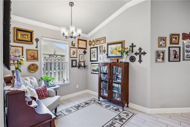 2300 Cameo Ln, Bentonville, AR 72712 - living area with a chandelier, lofted ceiling, ornamental molding, and baseboards