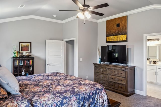 2300 Cameo Ln, Bentonville, AR 72712 - bedroom featuring lofted ceiling, carpet floors, ceiling fan, ensuite bath, and ornamental molding