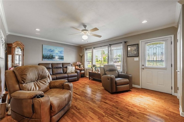 521 S 13th St, Rogers, AR 72758 - living room featuring light wood-style floors, ceiling fan, recessed lighting, crown molding, and baseboards