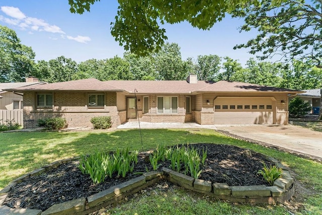 4 Wincanton Ln, Bella Vista, AR 72715 - ranch-style home featuring brick siding, a chimney, an attached garage, and a front lawn