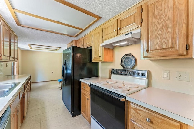 4 Wincanton Ln, Bella Vista, AR 72715 - kitchen with electric range, under cabinet range hood, stainless steel dishwasher, light countertops, and a textured ceiling