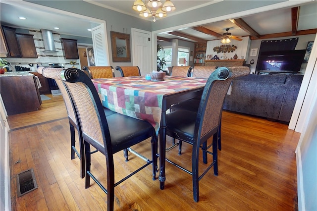 220 W Highland St, Siloam Springs, AR 72761 - dining room featuring light wood-style flooring, ceiling fan, beam ceiling, and recessed lighting